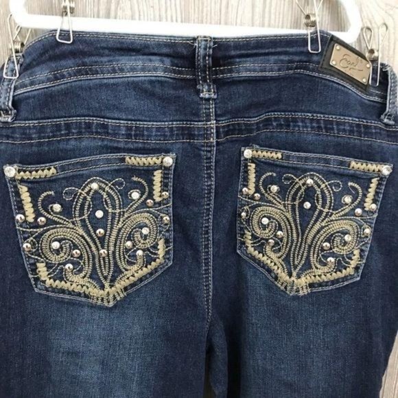 Earl jeans size 4 with rhinestone and embroidered dark wash denim jeans bootcut - Picture 3 of 5